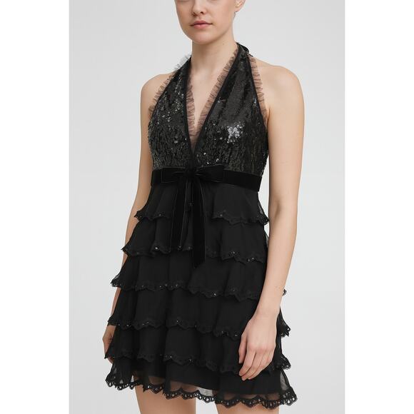 Jovani Sequin Beaded Tiered Halter Gown Dress 6 Black - Picture 1 of 8